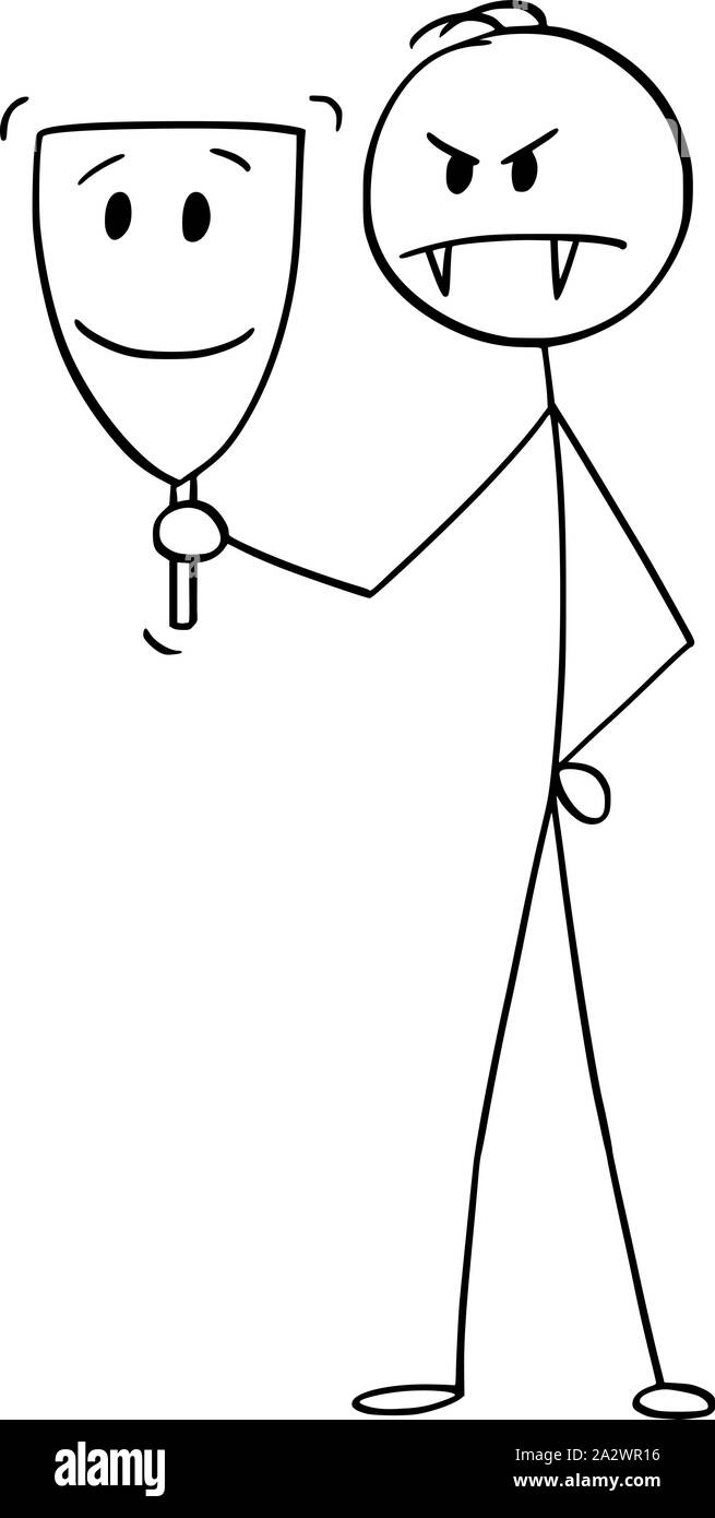 Vektor cartoon Strichmännchen Zeichnen konzeptionelle Darstellung des bösen Mann oder Geschäftsmann, der sich hinter oder Tragen sympathisch oder sympathisch lächelnde Maske. Stock Vektor