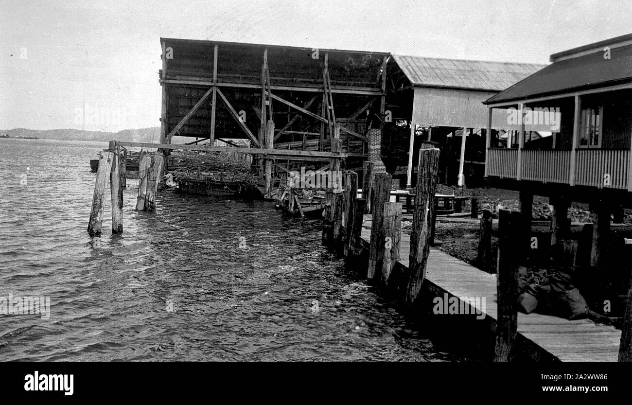 Negative - Hartholz Island, New South Wales, 1934, Be- und Zuckerrohr an der c s r Raffinerie auf dem Clarence River Stockfoto