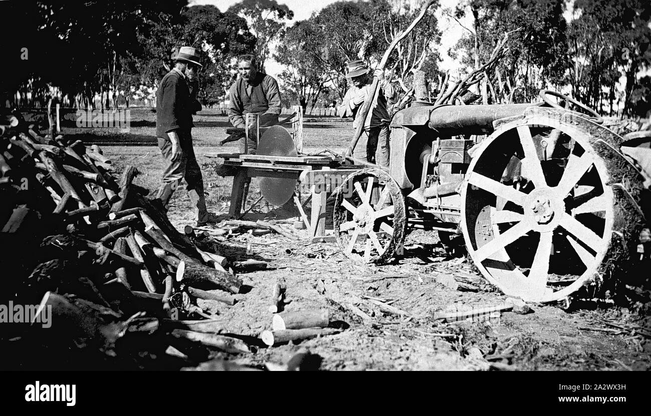 Negative - Brennholz mit einem fordson Traktor & sah Sitzbank, Wangaratta Bezirk, Victoria, ca. 1930, Männer Sägen anmeldet. Sie sind mit einer Kreissäge durch einen Fordson F-Modell Traktor Stockfoto