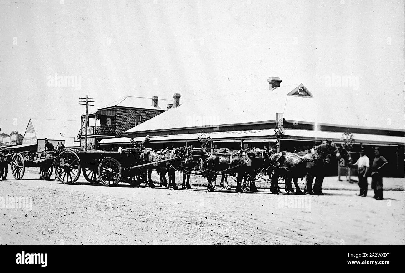 Negative - Shepparton Bezirk (?), Victoria (?), ca. 1925, großer Bauernhof Wagen von Team von sechs Pferde in die Straße, in der sich ein Land, Stadt gezogen. Eine einzige Geschichte und eine zweistöckige Gebäude in den Boden zurück - das zweistöckige Gebäude mit Balkon Stockfoto