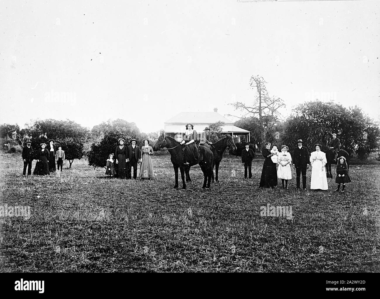 Negative - hopetoun Bezirk, Victoria, ca. 1905, Gruppen von Menschen vor Charlie Poulton's Home. Sie erscheinen in der Familie Gruppen gesammelt werden Stockfoto