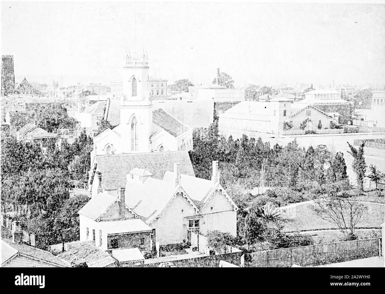 Negative-östlichen Hügel, Victoria, ca. 1885, Blickrichtung Nordost aus dem Parlament. St. Peters Kirche von England ist hinter dem viktorianischen Akademie der Künste Stockfoto