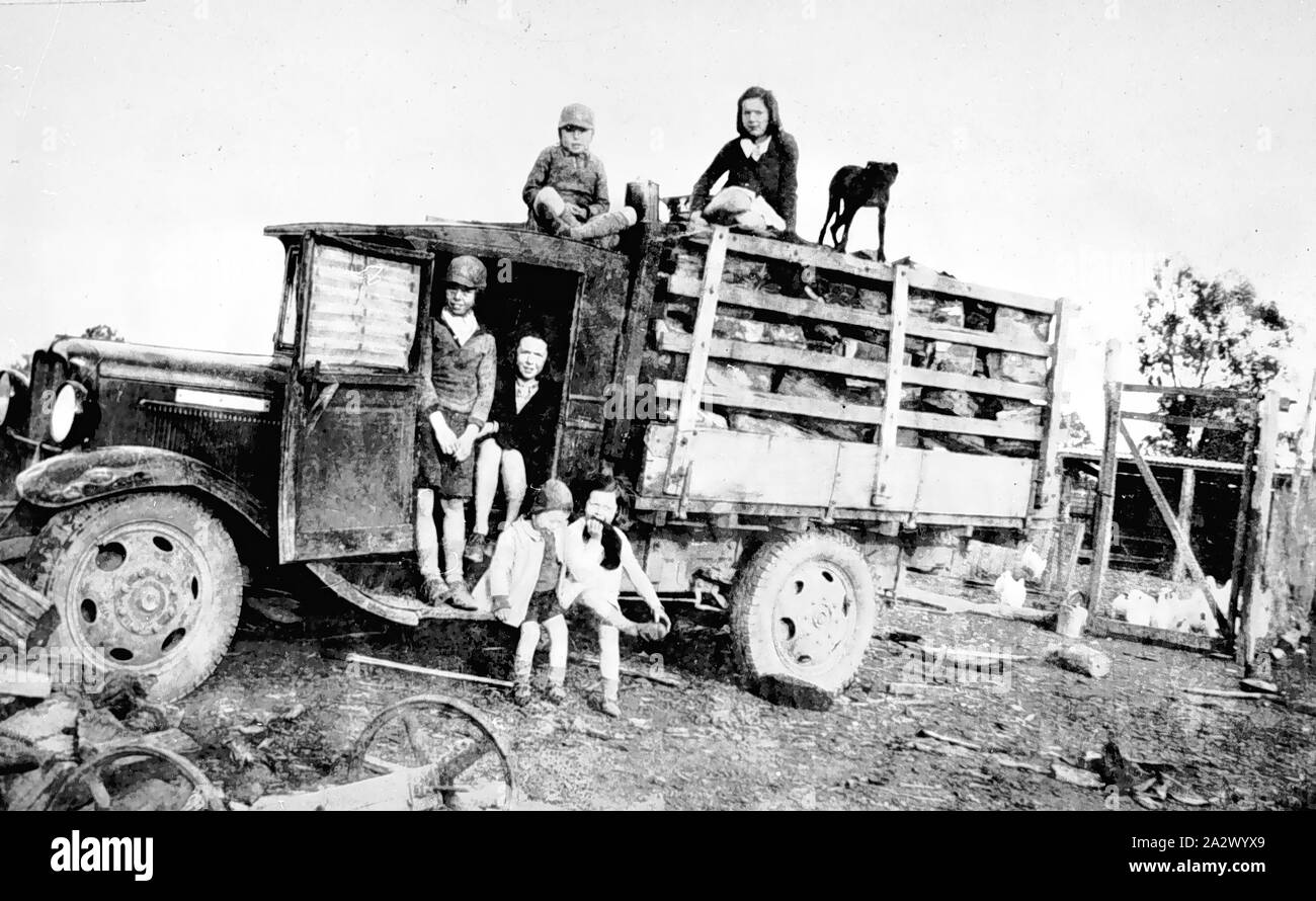 Negative - barmah Forest, Nathalia Bezirk, Victoria, 1942, die dohnt Kinder mit ihrem Hund an der Bedford Lkw mit Sleeper Chips vom barmah Wald gesammelt Es gibt ein Huhn im Hintergrund ausgeführt werden Stockfoto