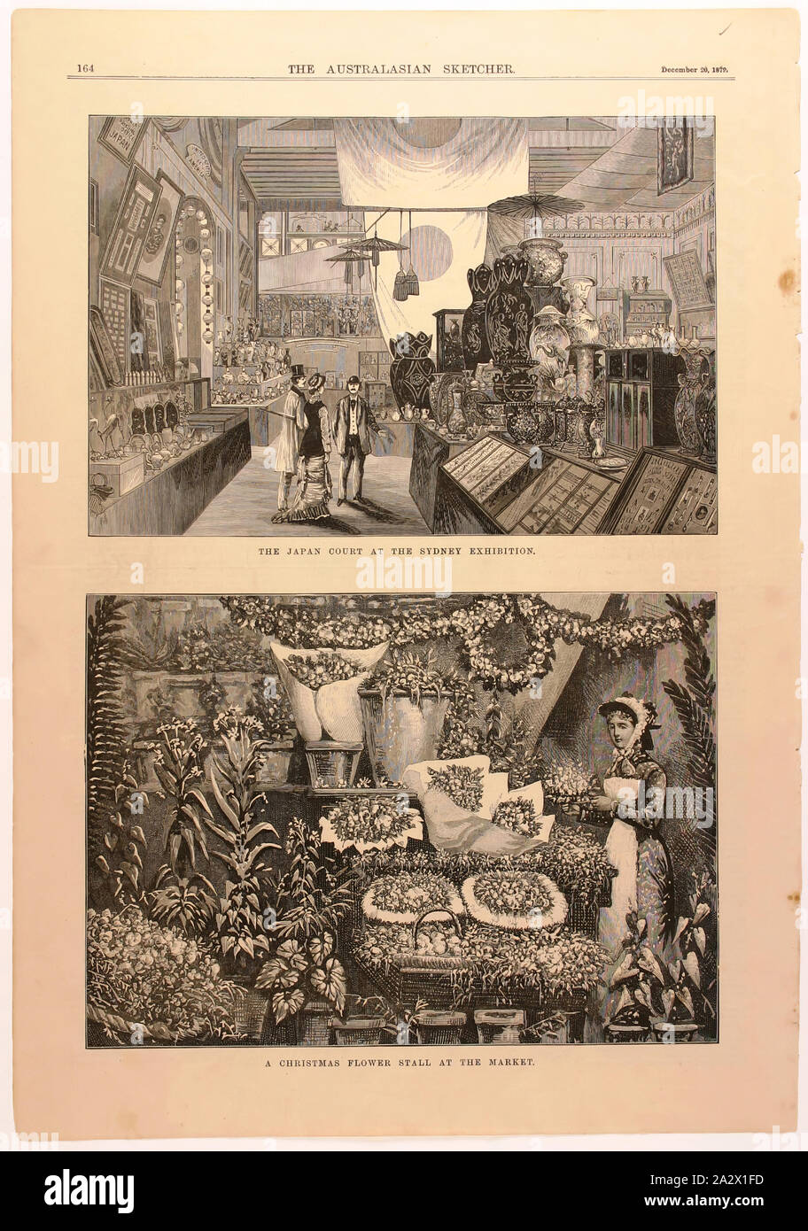 Zeitungsausschnitt - "Japan Gericht am Sydney Exhibition', die Australasian Skizzierer, Melbourne, 20 Dez 1879, doppelseitig Seite aus dem Australasian Skizzierer, Samstag, 20. Dezember 1879, S. 163-64, von Wilson & McKinnon, Melbourne veröffentlicht. Holz Block schneiden drucken Anzeige der japanischen Gericht am Sydney International Messe, die in den Garden Palace vom 17. September 1879 - 20. April 1880 abgehalten wurde. Überprüfung der Ausstellung, der Sydney Morning Herald der japanischen Hof: Jede andere bin Stockfoto