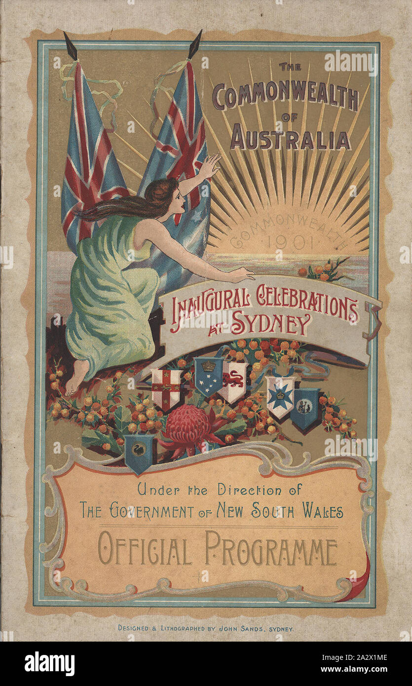 Offizielle Programm - die Commonwealth von Australien Eröffnungs Celebrtations in Sydney, der Regierung von New South Wales, 1901, Offizielles Programm für die Feierlichkeiten zur Eröffnung des Commonwealth von Australien, in Sydney statt, beginnend am 1. Januar 1901, herausgegeben von der Regierung von New South Wales. Er würde durch Oberstleutnant W.J. Ferris und Frau Ferris während der Feierlichkeiten verwendet wurden. Teil einer Sammlung von Fotografien und Dokumente im Zusammenhang mit William John Ferris (1855-1917). Ferris war geboren Stockfoto