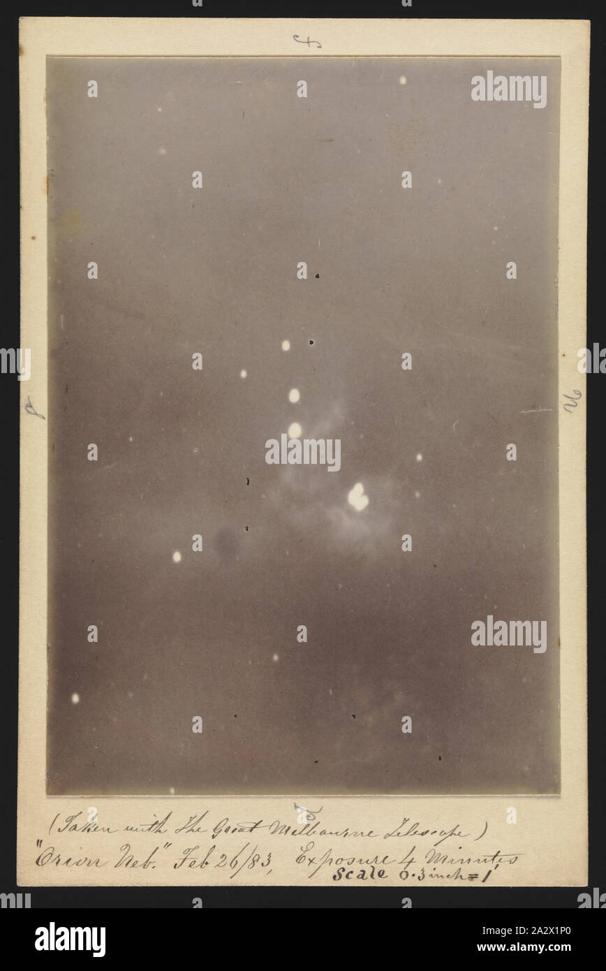 Fotografie - Orionnebel, mit großer Melbourne Telescope, 1883, Fotographie der Orionnebel, von Joseph Turner mit großer Melbourne Telescope, 26. Februar 1883 getroffen wurden. 1882 Astronomen in Großbritannien und Amerika begann die mehr empfindliche trockene Platten zu erfolgreich zu fotografieren, Nebeln und Kometen, die vorher nicht klar mit nassen Platten fotografiert worden war. Astronomen am Melbourne Informationsstelle begann Experimente mit dem Großen Teleskop zu Melbourne Stockfoto