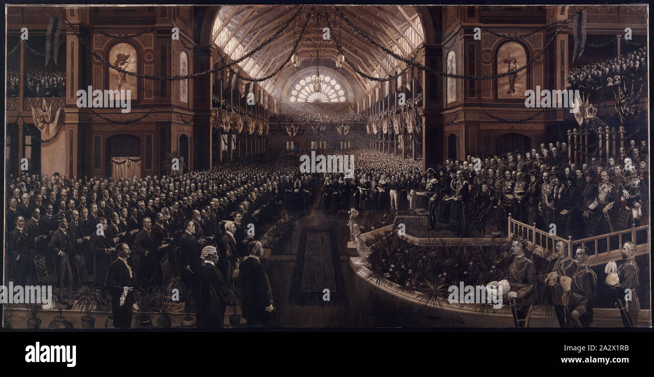 Gemälde - "Die Öffnung, Commonwealth Parlament', Charles Nuttall, Öl, 1901-1902, Charles Nuttall wurde durch das historische Bild Verein beauftragt, die Eröffnung der ersten eidgenössischen Parlament am 9. Mai 1901 zu malen. Er wurde gefragt, wie viele erkennbare Gesichter, wie möglich auf eine Leinwand 12 Fuß von 8 Fuß zu malen. Er begann seine Arbeit am 19. August 1901 in einem Studio in der Ausstellung, und die Malerei wurde am 19. Juni 1902 vorgestellt. Es gibt 344 identifizierbaren 'Köpfe'. Auf Stockfoto