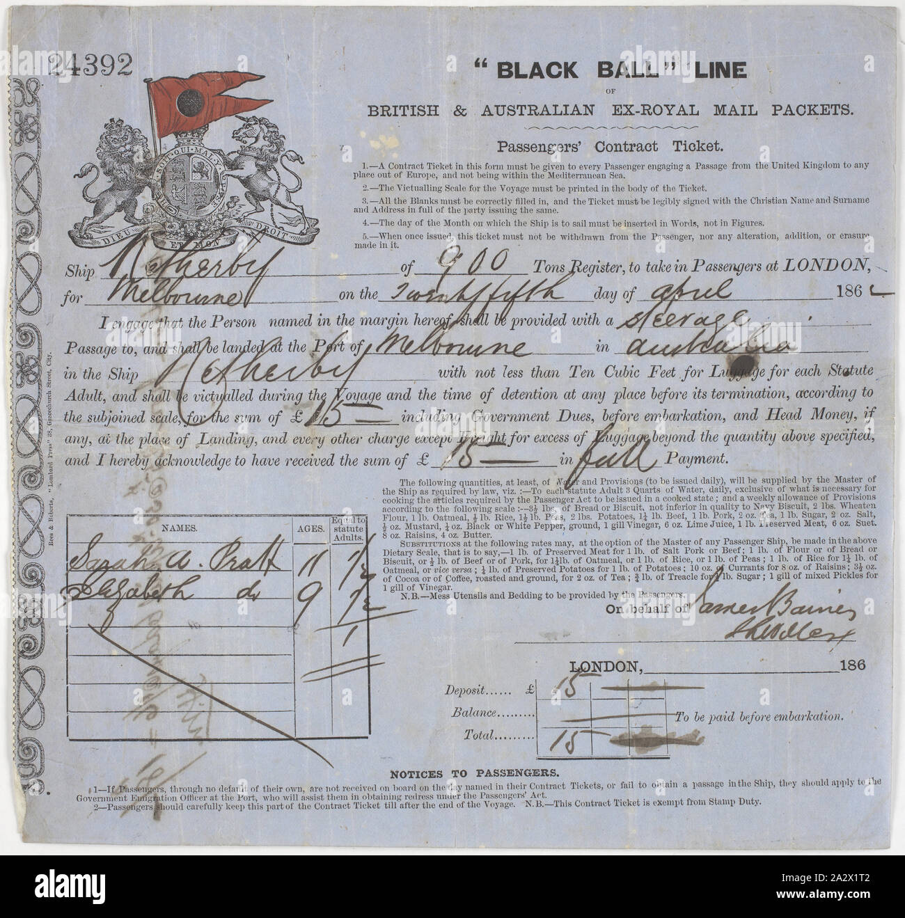 Passagier Vertrag Ticket ausgestellt, Sarah & Elizabeth Pratt, "Netherby', schwarze Kugel Line, London, 1862, Passagier vertrag Ticket für Elizabeth Pratt's zwei Töchtern Sarah (11) und Elizabeth (9 Jahre alt) für zwischendeck Passage von London nach Melbourne auf den schwarzen Ball Line Clipper Ship" netherby", 25. April 1862 auslaufen. Die Kosten für das Ticket war £ 15 in voller Höhe gezahlt. Gedruckt von Rees & Roberts, "Lombard drücken Sie '38, Gracechurch Street, City. Das Schiff kam in Melbourne am 3. August 1862 Stockfoto