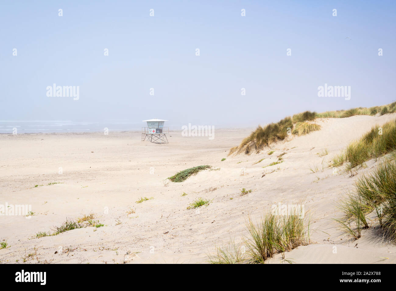 Nebligen Nachmittag am Morro Rock Beach. Morro Bay, Kalifornien, USA. Stockfoto