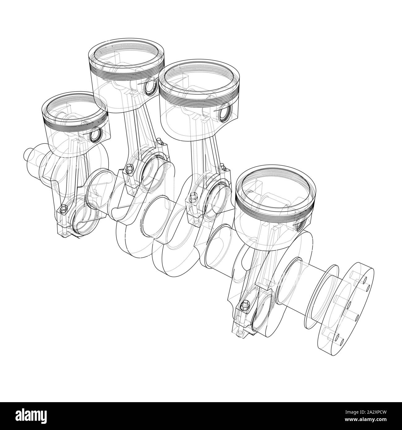 Motor Kolben skizzieren. Vektor Rendering von 3d. Wire-frame Stil. Die Schichten des sichtbaren und unsichtbaren Linien getrennt sind Stock Vektor