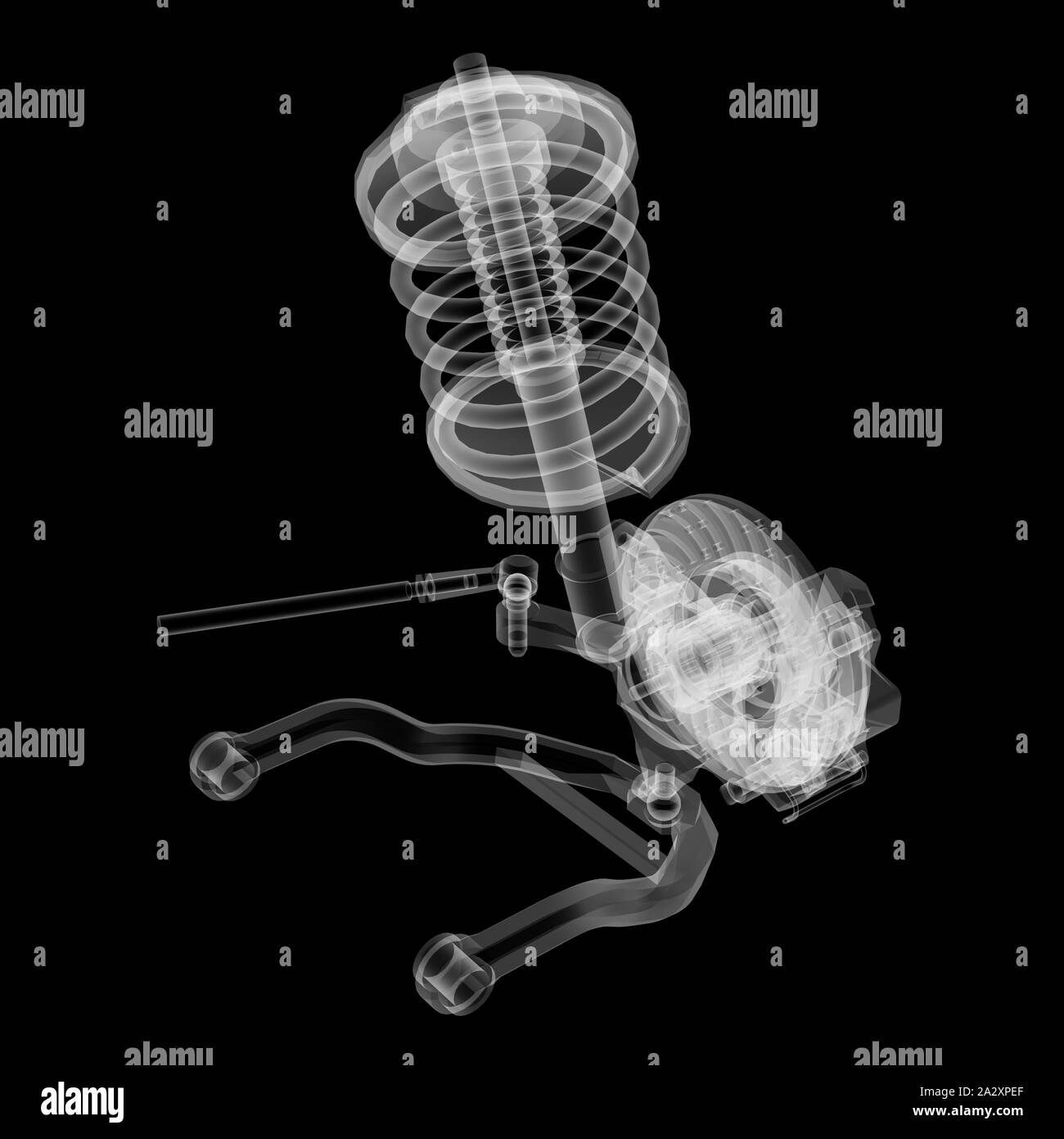 X-ray Auto Suspension und Bremsscheibe auf schwarzen Hintergrund, 3D-Darstellung Stockfoto