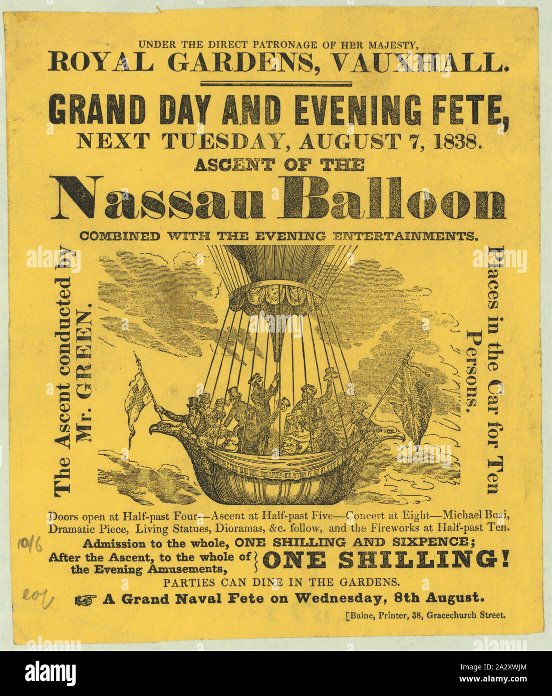 Royal Gardens, Vauxhall. Grand Tag und Abend Fete, nächsten Dienstag, 7. August 1838. Aufstieg der Nassau Ballon, mit dem abendlichen Unterhaltungen kombiniert; Breitseite Ankündigung Charles Green's Aufstieg in der Ballon-leiste Nassau von Vauxhall Gardens, London. Enthält ein Bild der Passagiere in einem ballonkorb.; Stockfoto