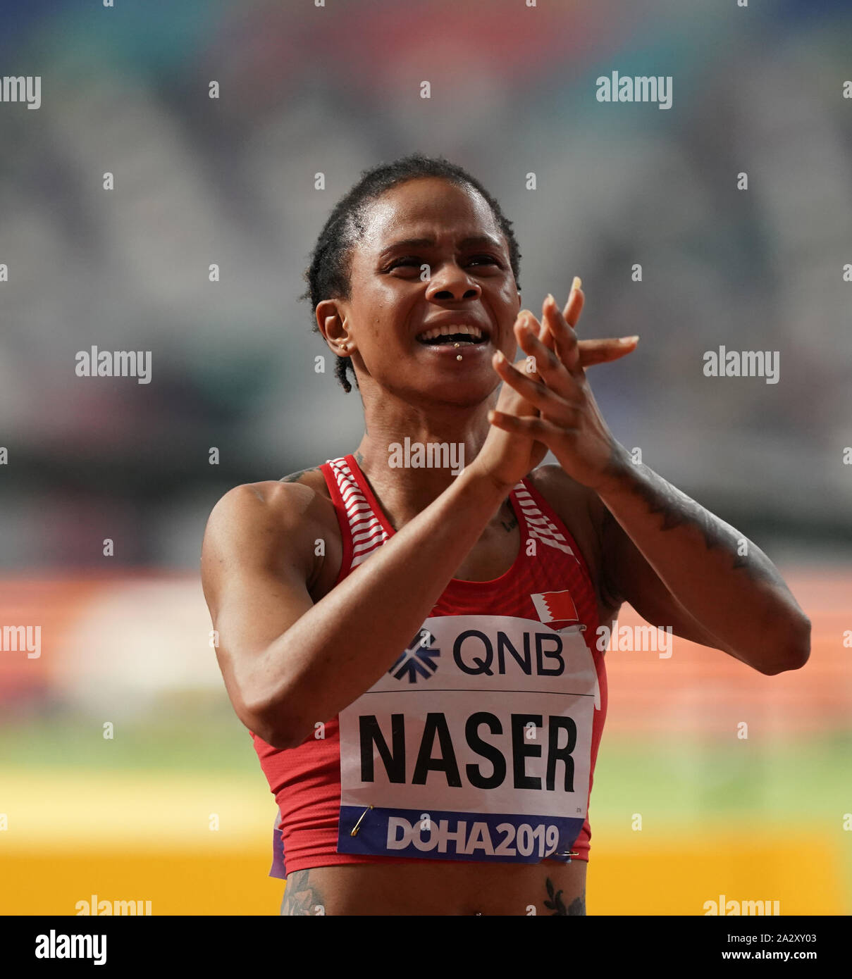 Doha, Katar. 03 Okt, 2019. Salwa Eid Naser (BRN) gewinnt 400 m Goldmedaille während der iaaf Weltmeisterschaften im Khalifa International Stadium. Credit: SOPA Images Limited/Alamy leben Nachrichten Stockfoto