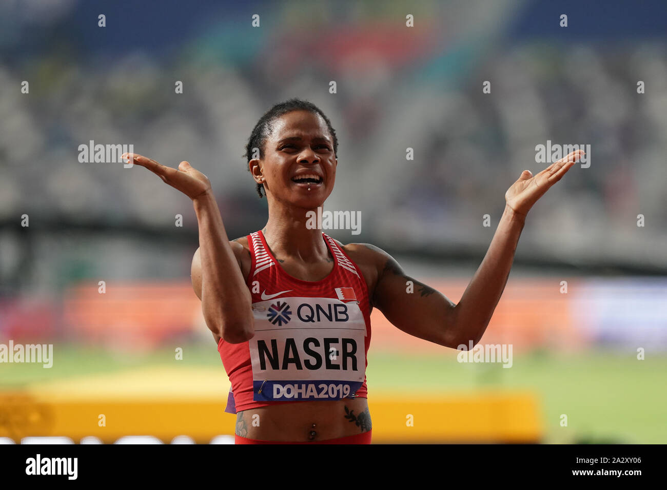 Doha, Katar. 03 Okt, 2019. Salwa Eid Naser (BRN) gewinnt 400 m Goldmedaille während der iaaf Weltmeisterschaften im Khalifa International Stadium. Credit: SOPA Images Limited/Alamy leben Nachrichten Stockfoto