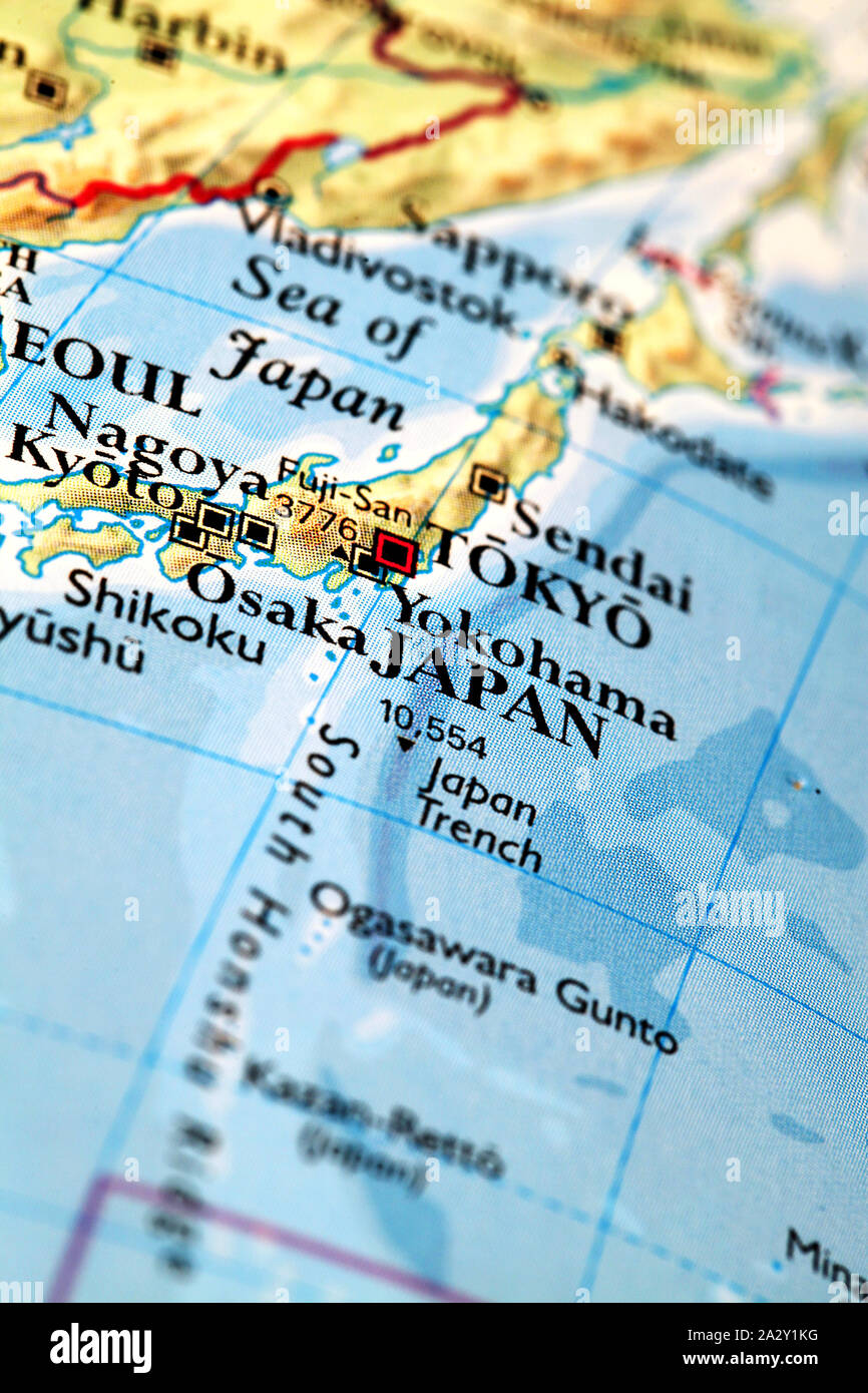 Japan auf Atlas Welt Karte Stockfoto