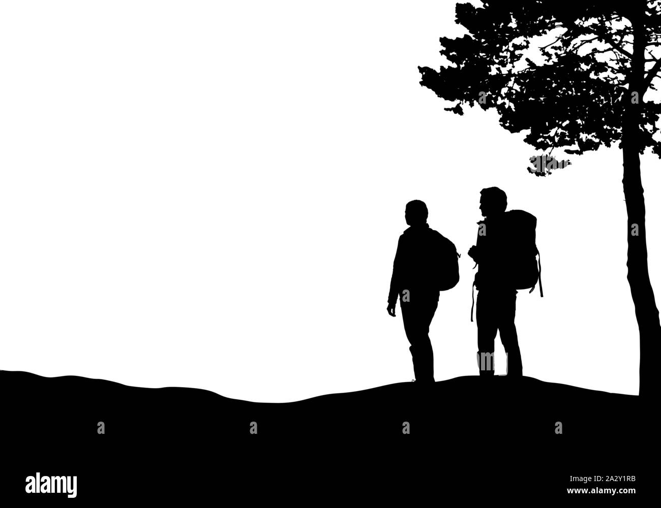 Realistische Darstellung mit Silhouetten von zwei Touristen mit Rucksäcken, Mann und Frau. Es befindet sich in einer Landschaft mit Hügeln und einem Baum. Auf whi Isoliert Stock Vektor