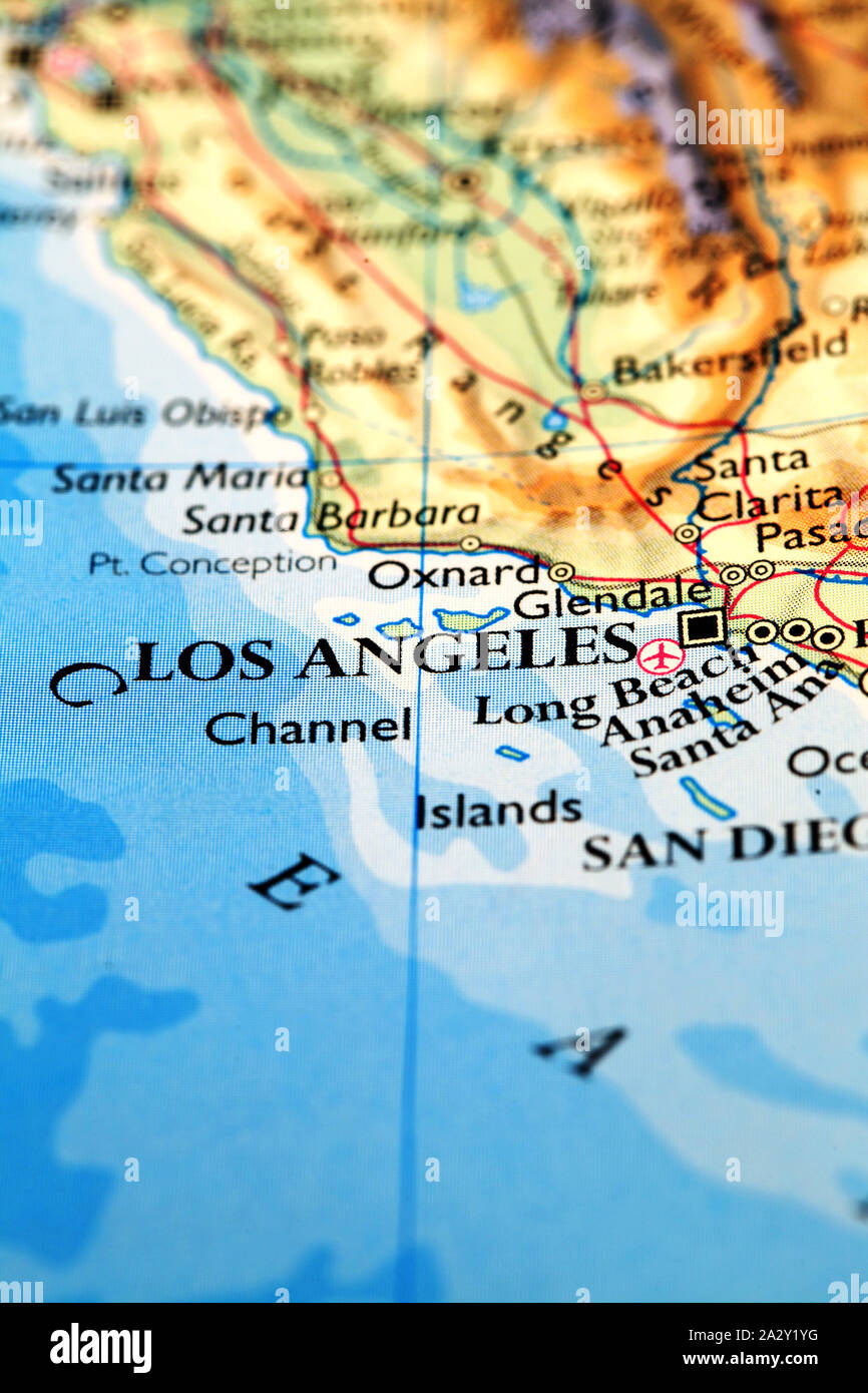 Los Angeles auf Atlas Welt Karte Stockfoto