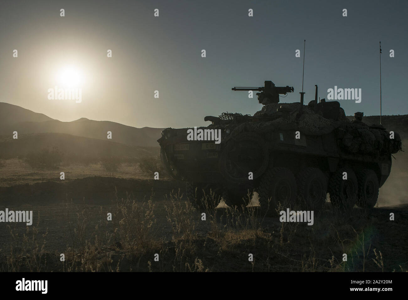 M1126 Stryker, in den zweiten Bataillon zugeordnet, 23 Infanterie Regiment, 4 Infanterie Division, Köpfe zu einer Baugruppe für folgen auf Missionen während der entscheidenden Aktion Rotation 20-01 am National Training Center in Fort Irwin, Kalifornien, USA, 27. September 2019 vorzubereiten. Entscheidende Maßnahmen Drehungen am NTC sicher Armee Brigade Combat Teams vielseitig bleiben, reaktionsschnell und konsequent für aktuelle und zukünftige Eventualitäten zur Verfügung. (U.S. Armee Foto: Staff Sgt. Matthew Johnson, Operations, National Training Center) Stockfoto