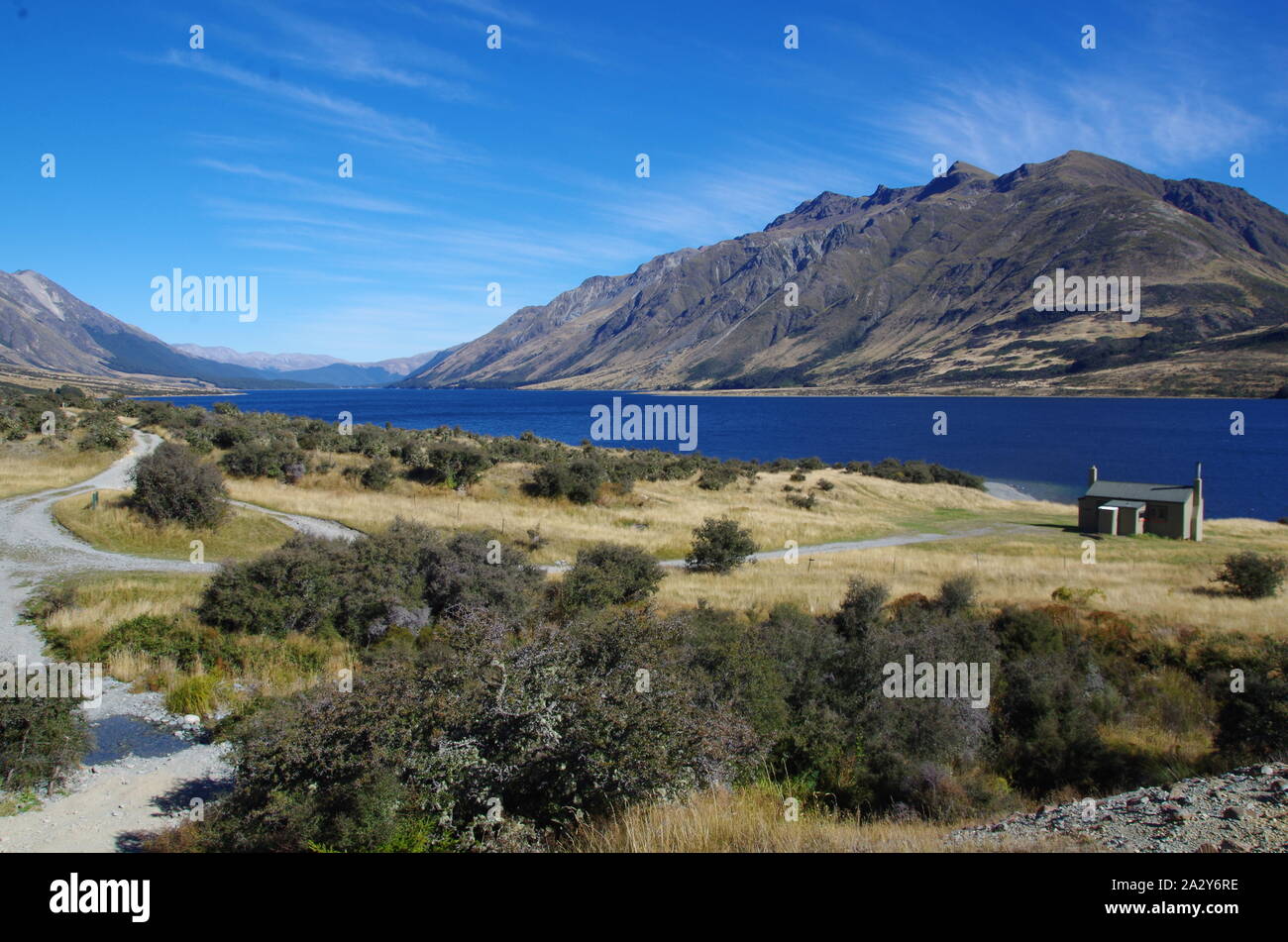 Careys Hütte. Zu den Mavora Lakes. Zu den Mavora Gehweg. Te Araroa Trail. South Island. Neuseeland Stockfoto