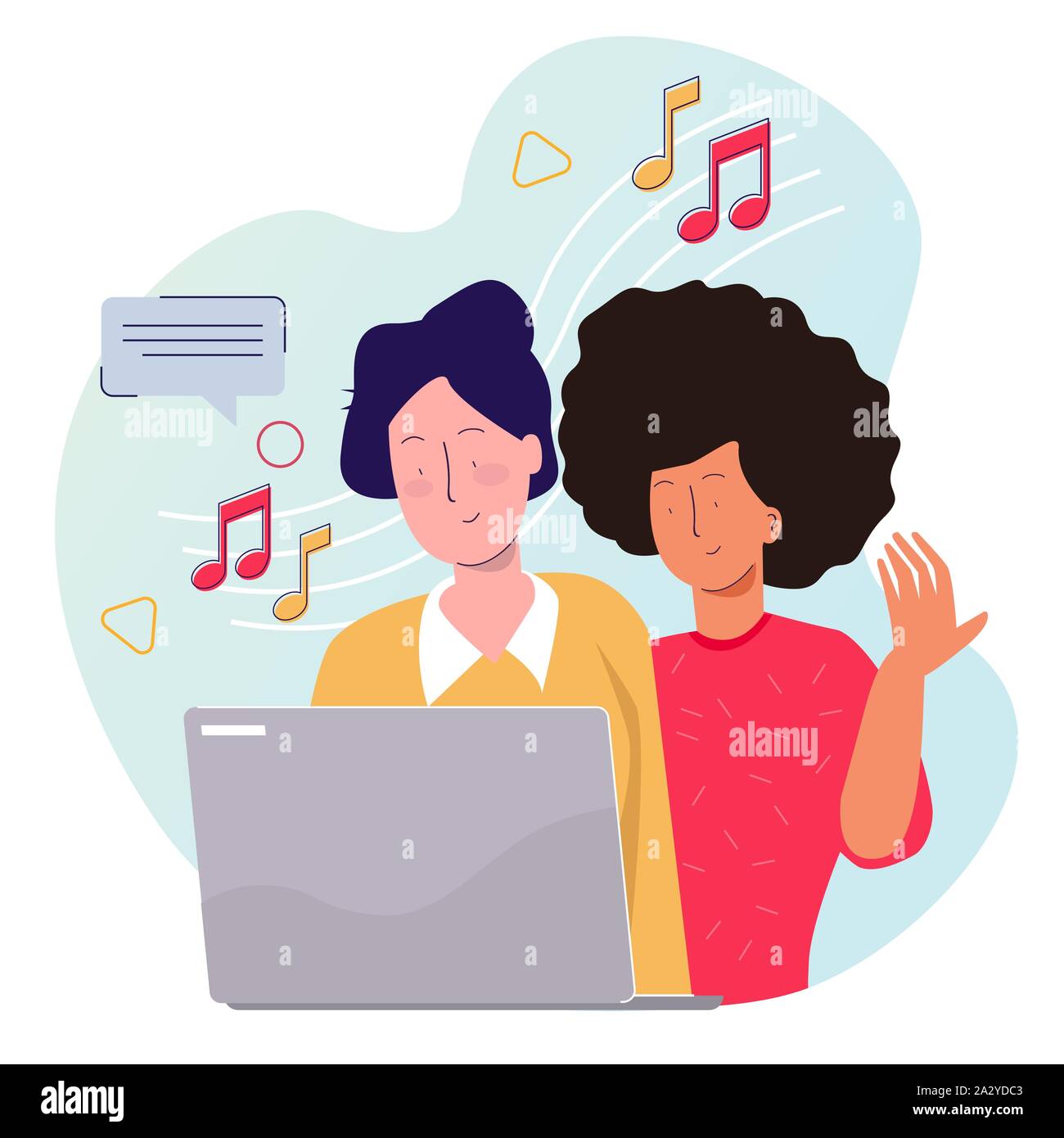 Online Musik Radio. Mann und Frau mit Laptop Musik hören entspannen  geniessen Stock-Vektorgrafik - Alamy