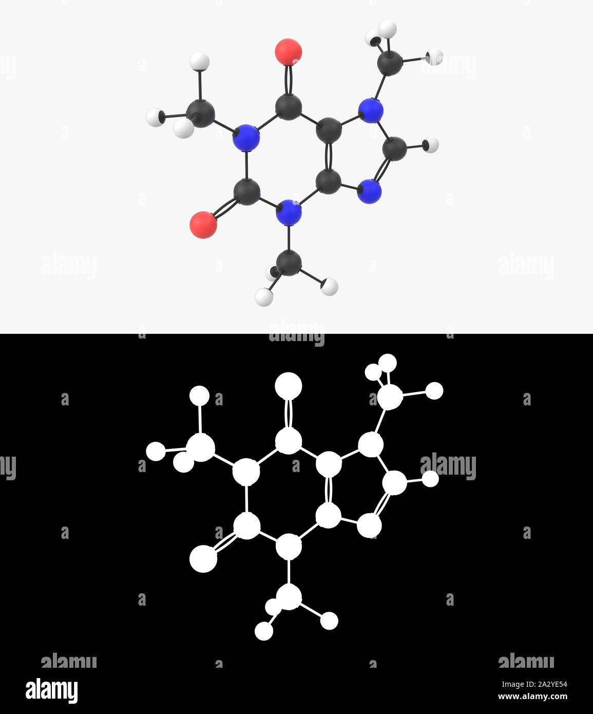 3D-Darstellung eines Koffein Molekül mit alpha Schicht Stockfoto