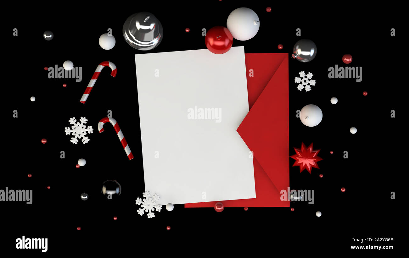 Blick von oben auf eine Grußkarte mock up und einem roten Umschlag mit Weihnachten Dekoration Elemente auf schwarzem Hintergrund. 3D-Rendering Stockfoto