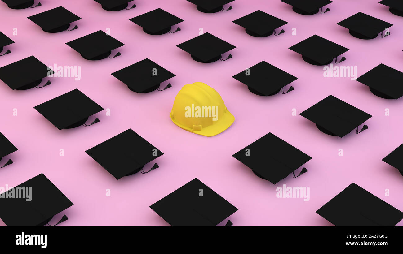 Minimalistische Komposition Muster mit diferents Graduation Caps und ein Helm auf einem rosa Hintergrund. Differenzierung Konzept. 3D-Rendering Stockfoto