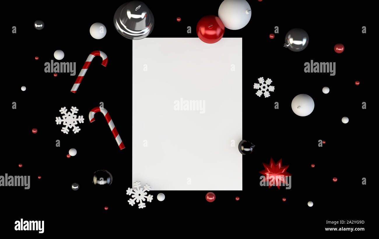 Top Sicht eines vertikalen Grußkarte mock up mit Weihnachten Dekoration auf schwarzem Hintergrund. 3D-Rendering Stockfoto
