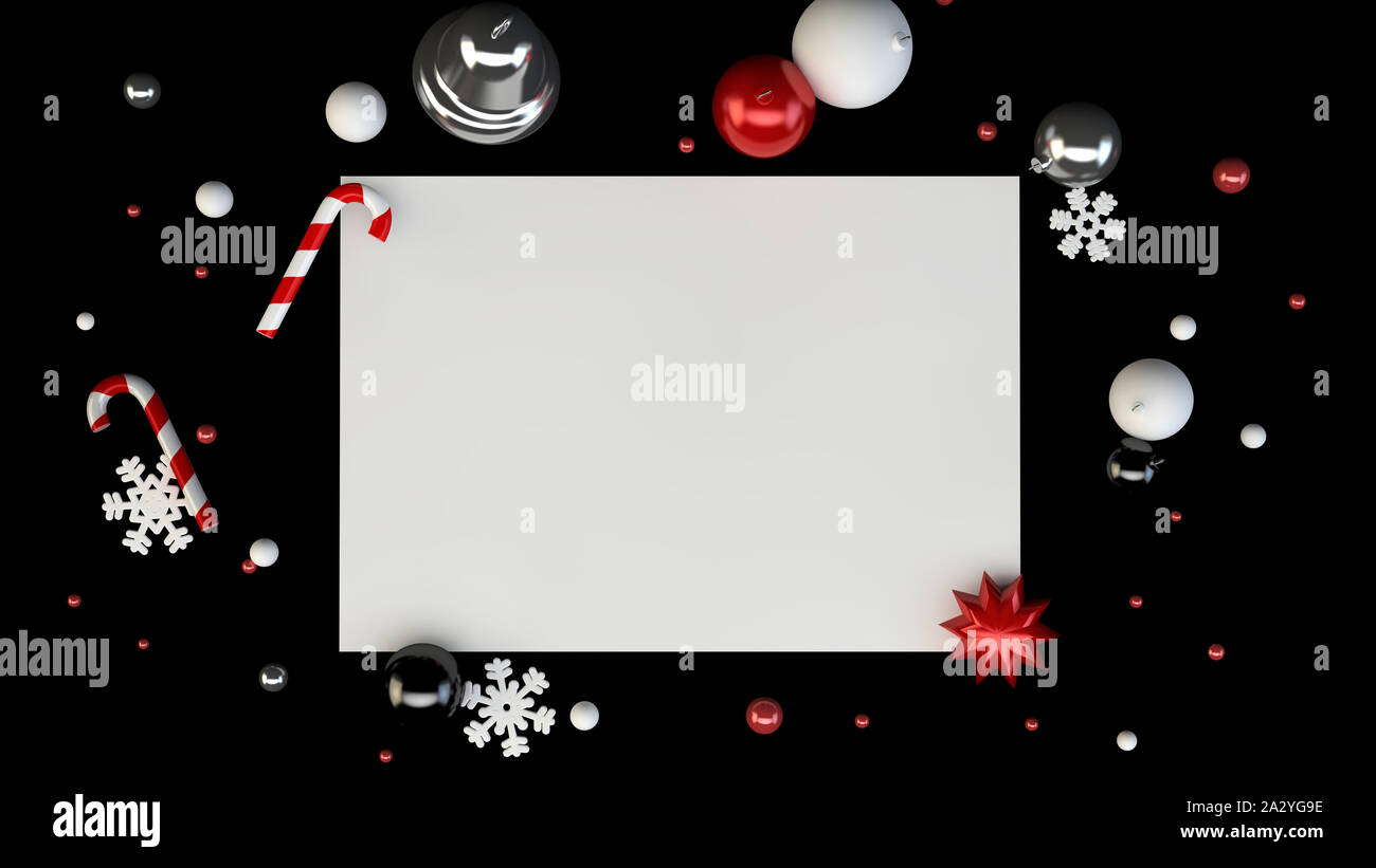 Top Sicht eines horizontalen Grußkarte mock up mit Weihnachten Dekoration auf schwarzem Hintergrund. 3D-Rendering Stockfoto