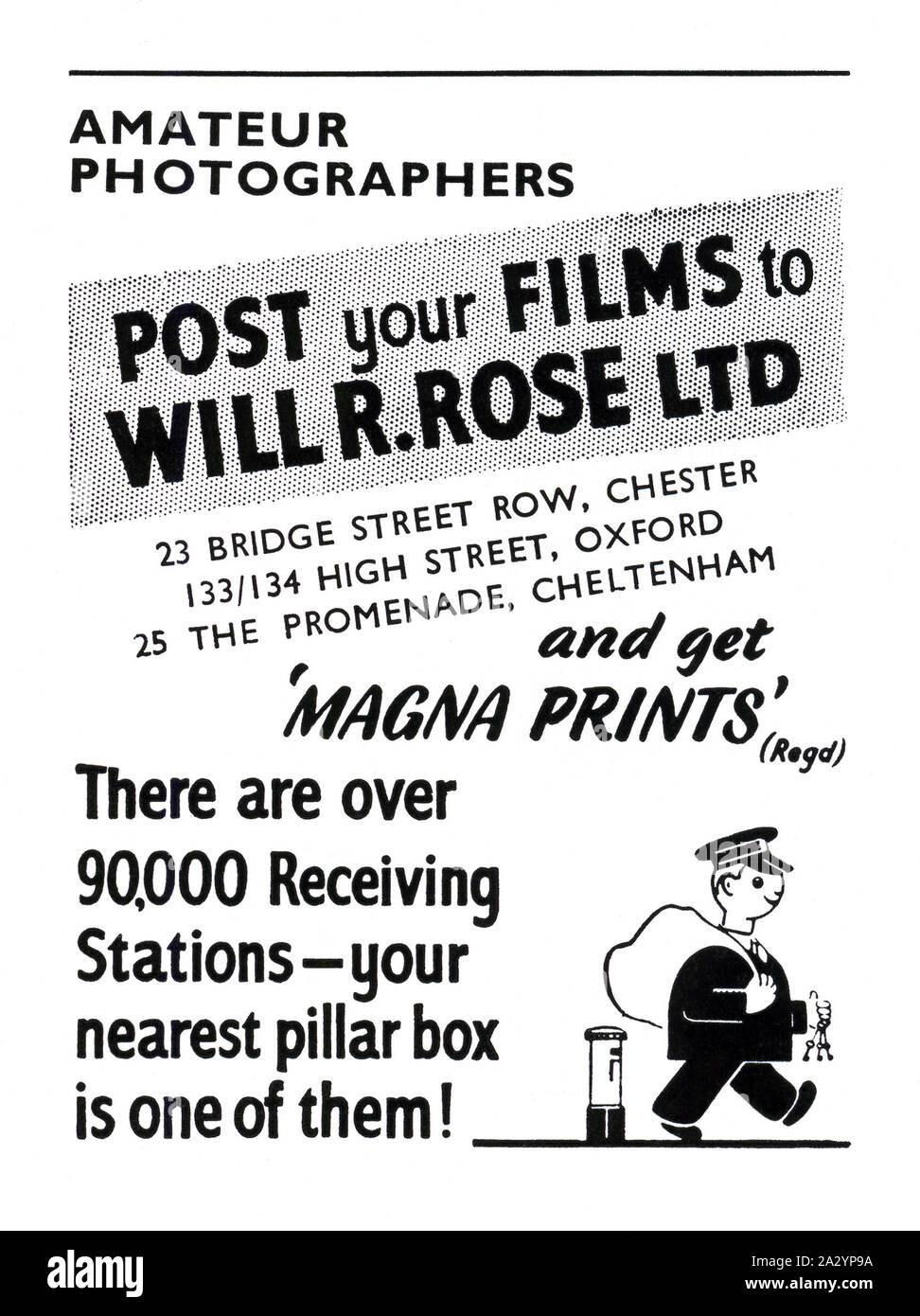 Anzeige für Mail William R Rose's - bestellen Foto Print Service, 1951. Die Abbildung bietet einen Briefträger Sammeln von E-Mails aus einem Postfach. Hobbyfotografen können Ihre negative für das Unternehmen Post und erhalten wieder 'Magna Drucke" in die E-Mail. Viele Firmen bieten viel der gleiche Service heute aber nahezu alle Unternehmen online durchgeführt. Stockfoto Anzeige für Mail William R Rose's - bestellen Foto Print Service, 1951. Die Abbildung bietet einen Briefträger Sammeln von E-Mails aus einem Postfach. Hobbyfotografen können Ihre negative für das Unternehmen Post und erhalten wieder 'Magna Drucke" in die E-Mail. Viele Firmen bieten viel der gleiche Service heute aber nahezu alle Unternehmen online durchgeführt. Stockfoto