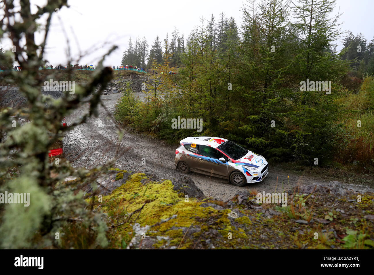 In Großbritannien Edward Lewis und Dom Adams im Ford Fiesta R2 in Tag zwei des Wales Rally GB. Stockfoto