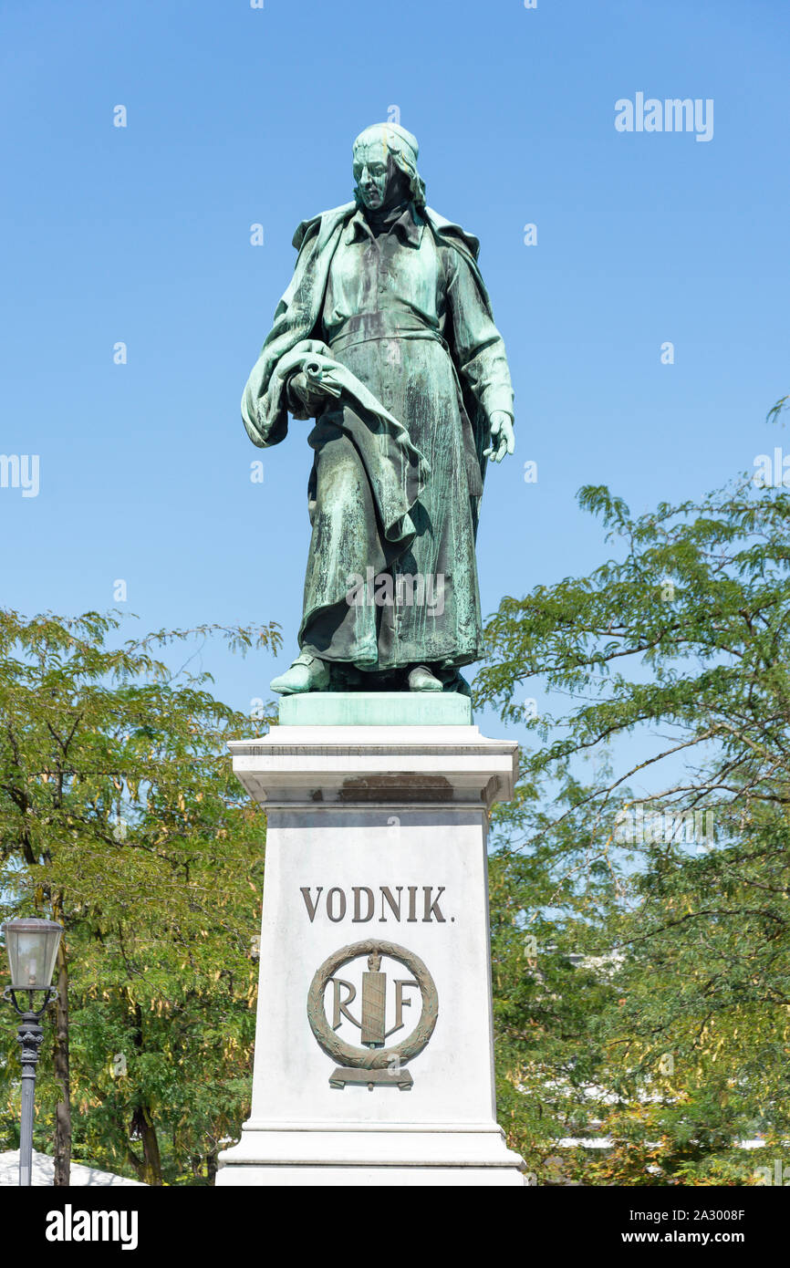 Die vodnik (krainer Priester und Dichter) Denkmal, Vodnik Square, Altstadt, Ljubljana, Slowenien Stockfoto