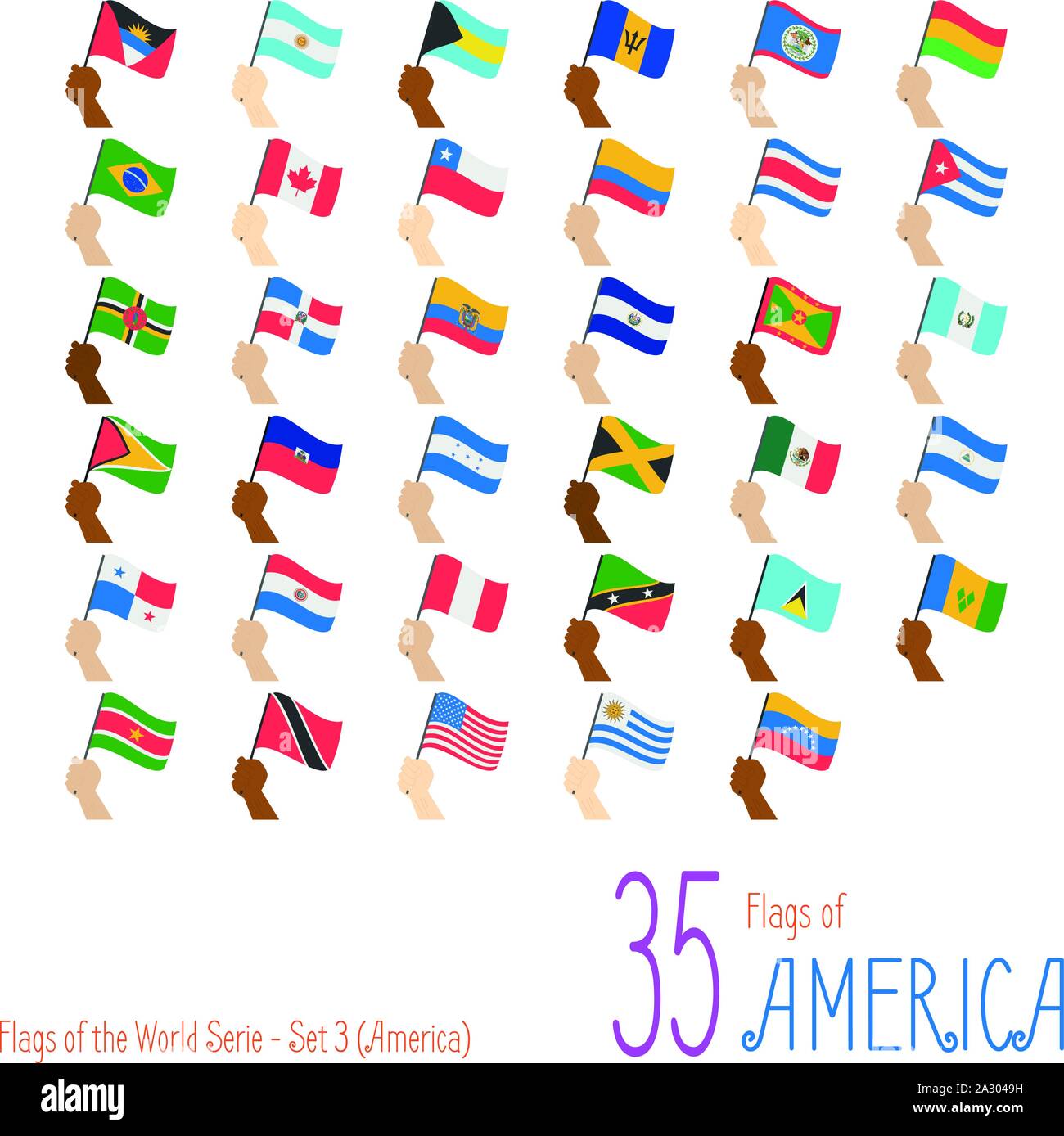 Satz von 35 Flaggen von Amerika. Hand anheben der nationalen Flaggen der 35 Staaten von Amerika. Icon Set Vector Illustration. Stock Vektor