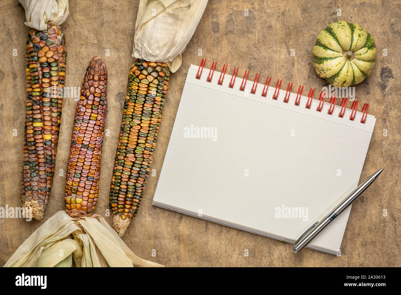 Leere Spirale Art Skizzenbuch gegen strukturierte Rinde Papier mit dekorativen Mais und Kürbisse, Herbstferien Grußkarte Konzept Stockfoto