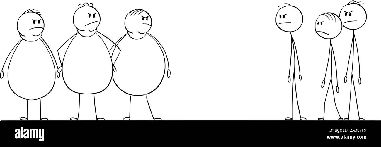 Vektor cartoon Strichmännchen Zeichnen konzeptionelle Darstellung der Gruppe der dünne Männer an der Menge der verärgerten Fett oder übergewichtige Menschen. Stock Vektor