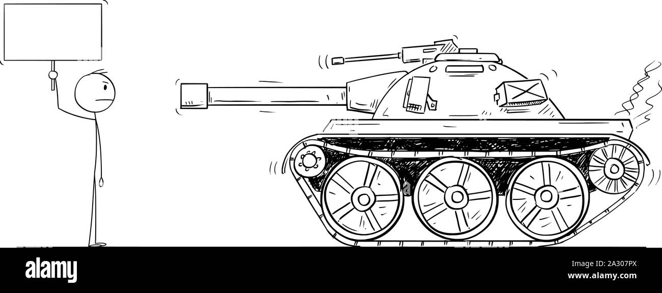 Vektor cartoon Strichmännchen Zeichnen konzeptionelle Darstellung der Mutigen unbewaffneten Mann oder demonstrant vor Armee Tank leer und halten Sie sich bereit für Ihren Text. Stock Vektor