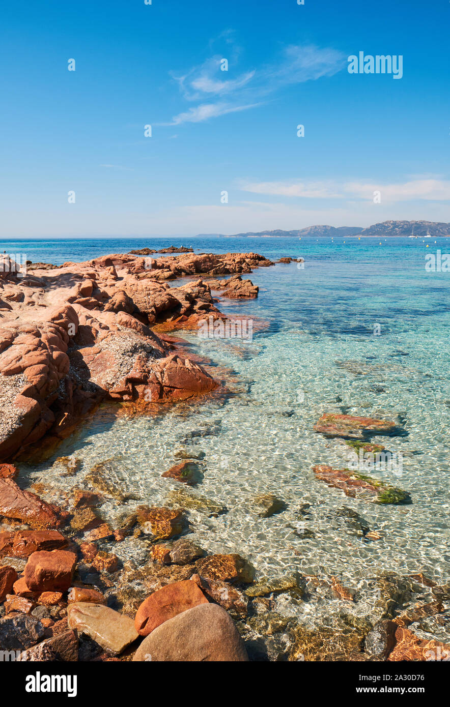 Die roten Felsen von Palombaggia Strand/Plage de Palombaggia, einem beliebten Scenic, klares Wasser, weißer Sandstrand, immergrüne Bäume im Südosten von Korsika Frankreich Stockfoto