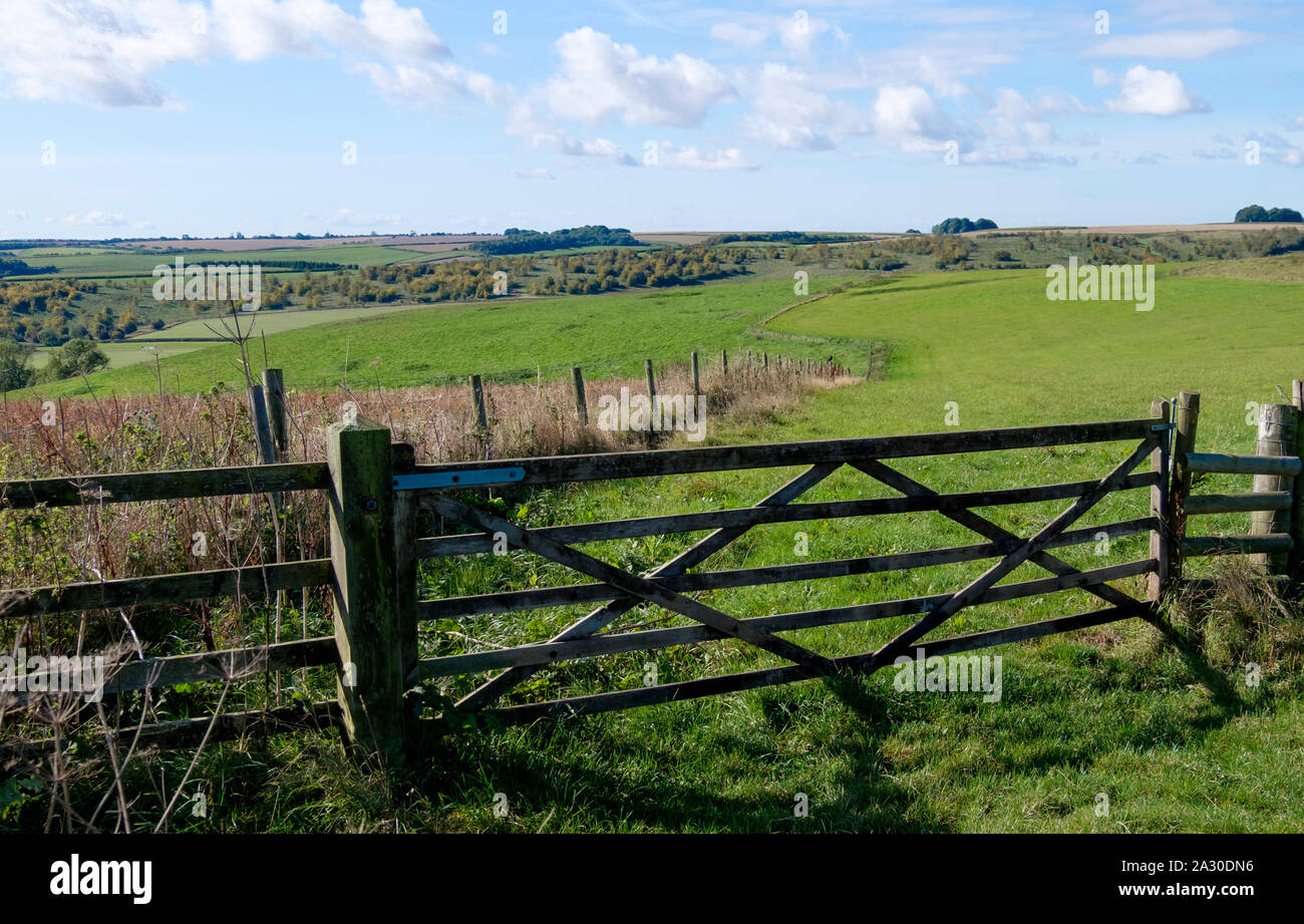 Landschaft von Wiltshire, Blick nach Westen über die Felder in der Nähe von Barbary Castle in der Nähe von Wroughton, Großbritannien Stockfoto