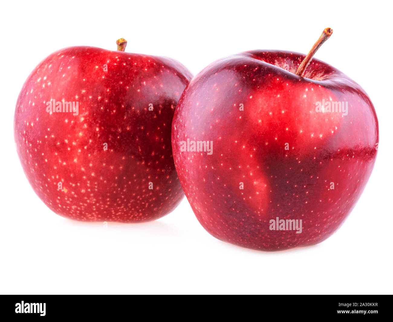 Rote Äpfel. Zwei rote glänzende Apple im Close-up auf weißem Hintergrund Stockfoto