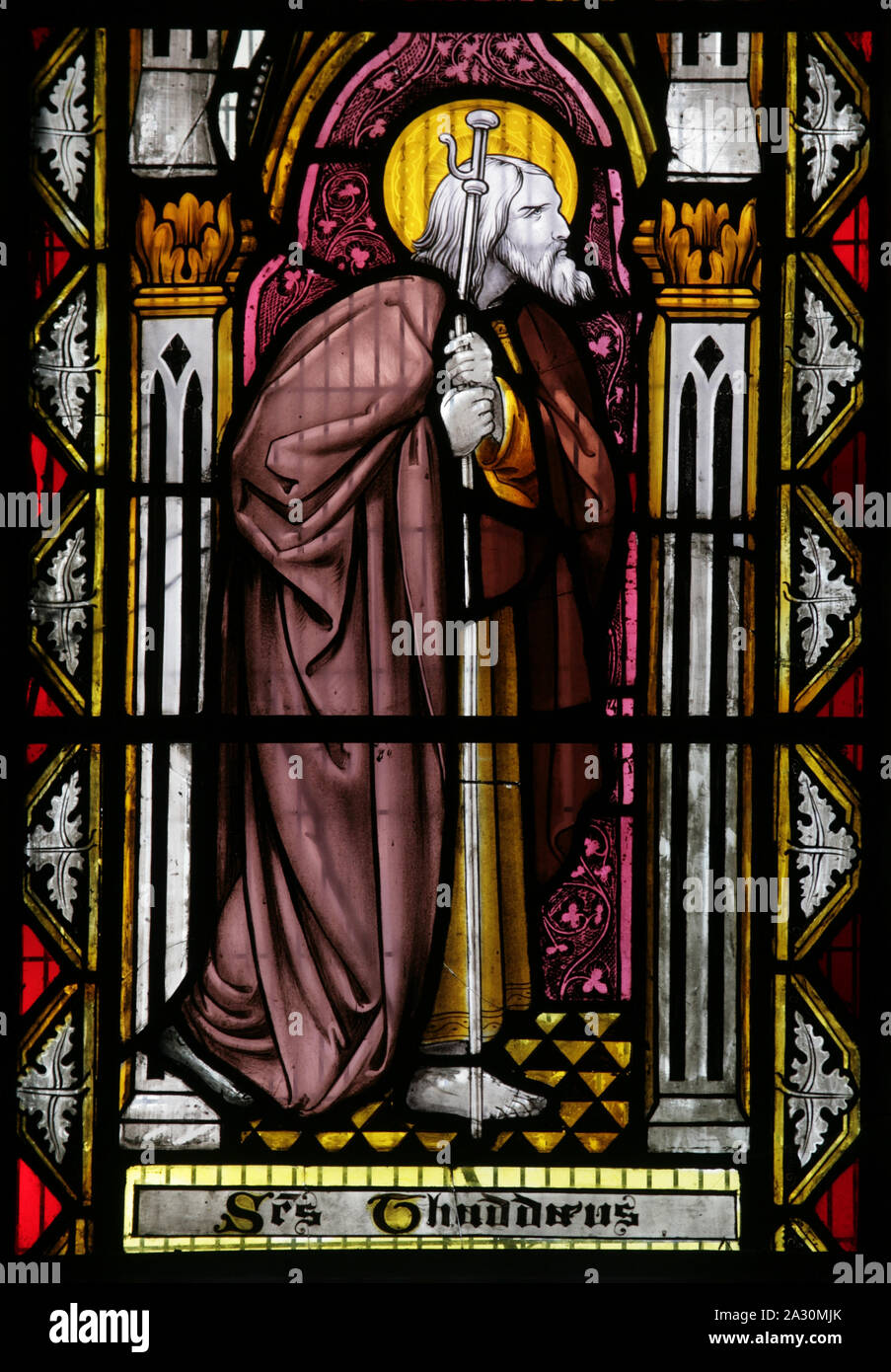 Glasfenster St. Thaddäus, St. James Kirche, Wigmore, Herefordshire Stockfoto