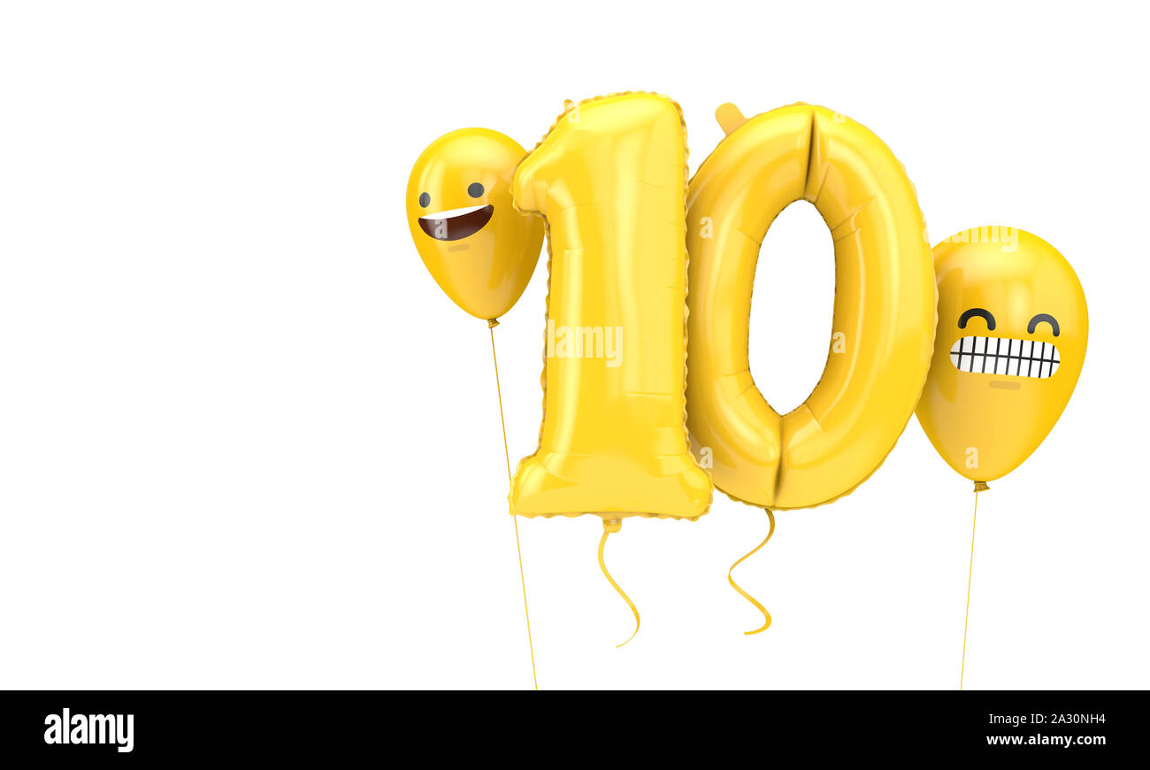 Nummer 10 Geburtstag ballloon mit emoji Gesichter Luftballons. 3D-Rendering Stockfoto