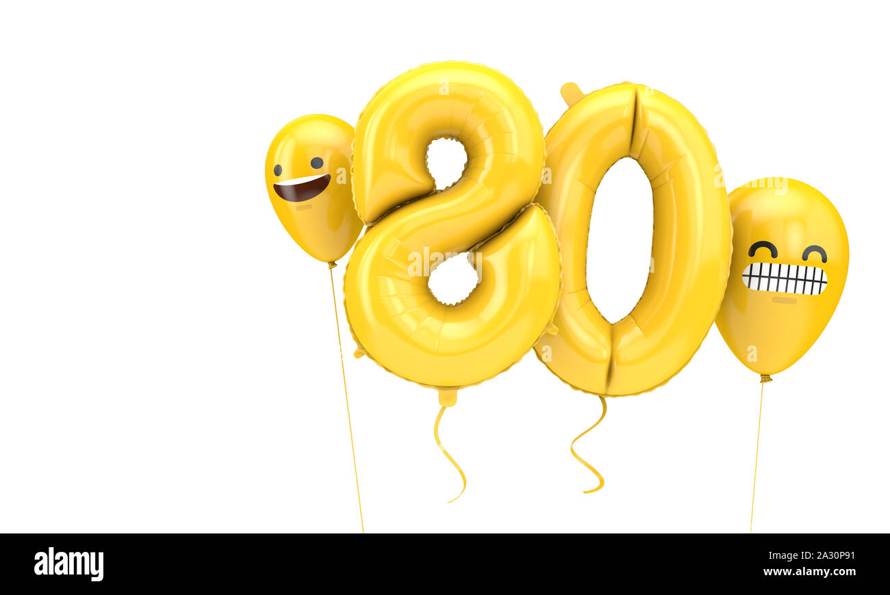 Nummer 80 Geburtstag ballloon mit emoji Gesichter Luftballons. 3D-Rendering Stockfoto