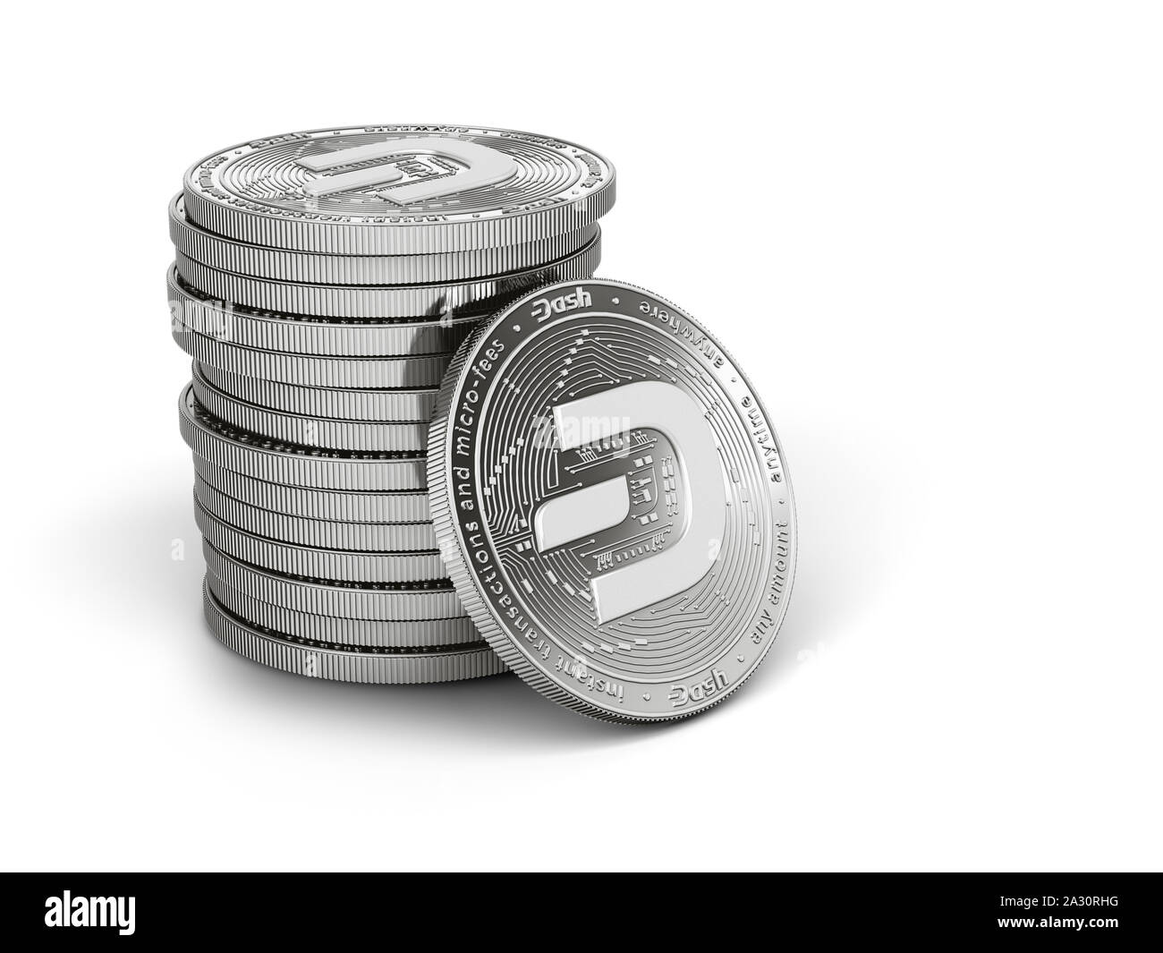 Stapel oder Stack von Silber Dash Münzen mit 2019 Logo Update, auf weißem Hintergrund. Eine Münze ist dem Betrachter zugewandt. Neue virtuelle Geld. 3D-r Stockfoto