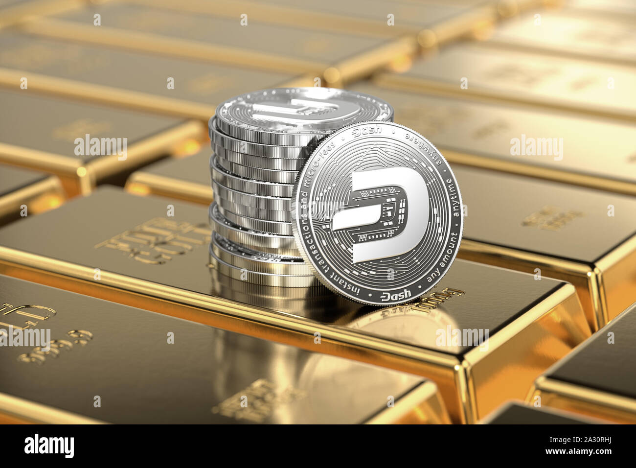 Dash 2019 aktualisiert Münzen (mit Logo) sind zur Festlegung auf gestapelten Goldbarren oder Barren. höchst wünschenswert cryptocurrency Konzept. 3D-Rendering Stockfoto