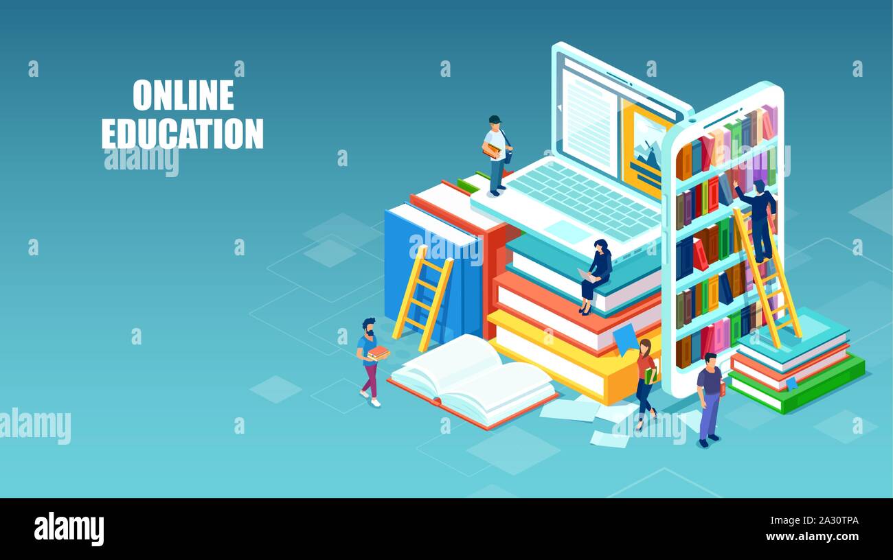 Internet Bildung Konzept. Der Vektor der Studenten Kommissionierung Bücher online von Bücherregalen auf Handy Bilder online lernen auf Laptop Stock Vektor