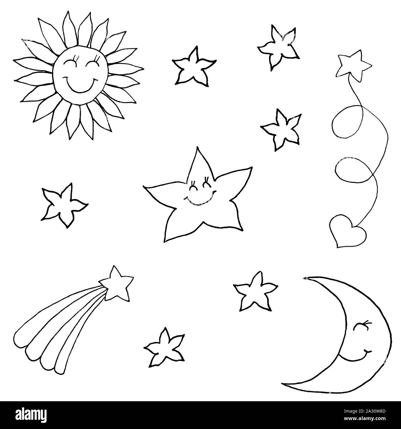 Satz von sechs kleine Sterne, große Sterne, Sonne, Mond, Rising Star und Star mit Herz. Monochrome doodle Skizze, Zeichnung. Schwarzer Umriss auf weißem Hintergrund. Vector Illustration Stock Vektor