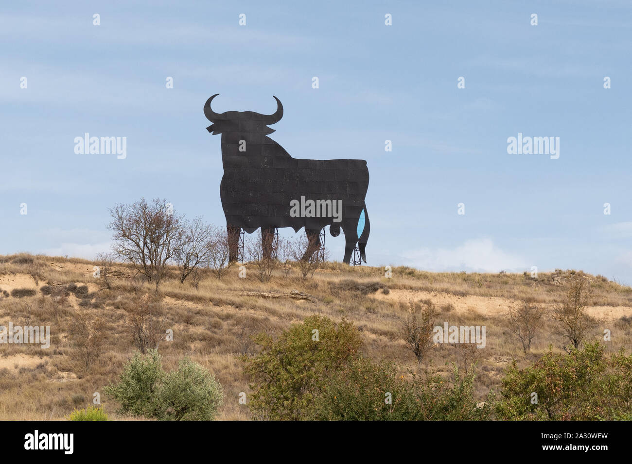 Osborne Stier Zeichen - Eine schwarze Silhouette Bild von einem Stier durch die Seiten von Straßen in Spanien gesehen - dieses ist in La Rioja neben der N-232 Stockfoto