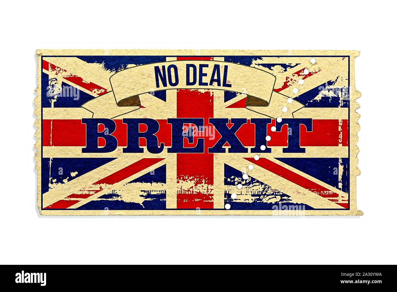Symbolisches Bild der bevorstehenden BREXIT am 31.10.2019. Der Union Jack auf ein Papierticket mit Kratzern und die Worte "Kein Abkommen" und die Worte "BREXIT'. Die Briten nicht wollen die momentan ausgehandelten Vereinbarung zu akzeptieren und die EU möglicherweise ohne Vertrag verlassen. | Verwendung weltweit Stockfoto