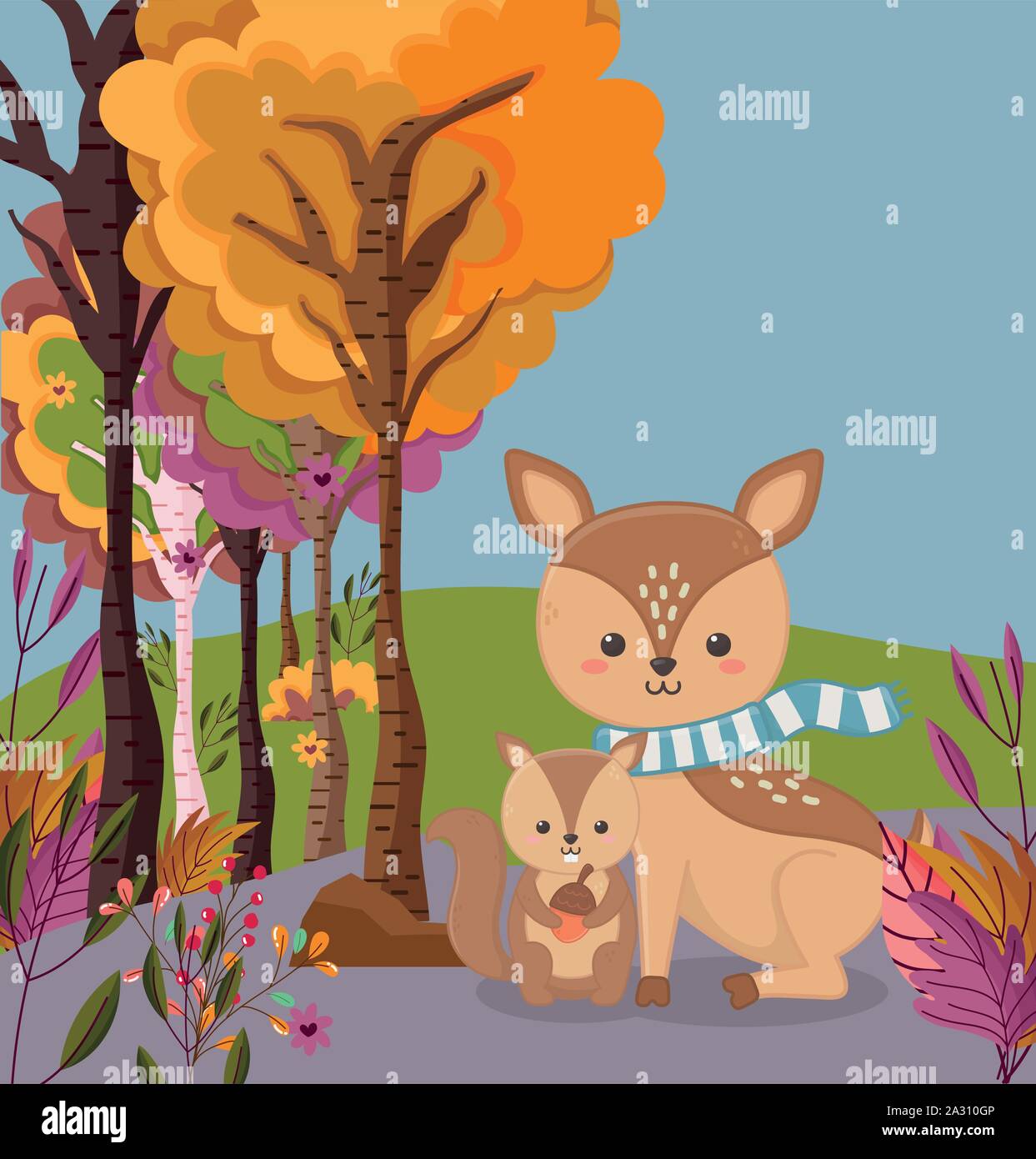 Cute Hirsch und Eichhörnchen mit Eichel Laub Bäume hallo Herbst Vector Illustration Stock Vektor
