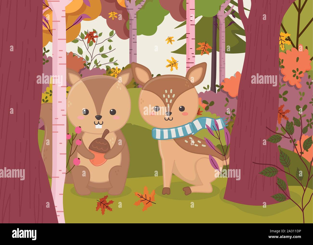 Cute Hirsch und Eichhörnchen mit Eichel Wald Bäume Blätter hallo Herbst Vector Illustration Stock Vektor